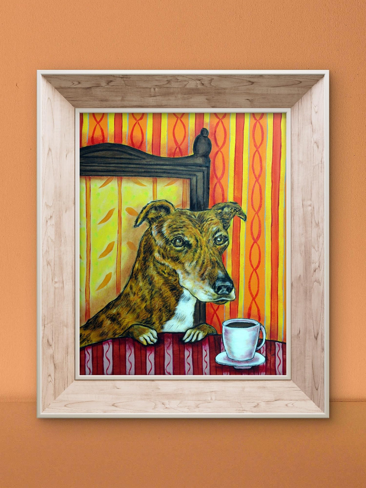 SCHMETZPETZ Greyhound Dog at Coffee Shop Canvas Wall Art - Modern Cafe Pet Portrait Print, Stretched & Ready to Hang for Home & Office Decor - Multiple Sizes from 8x10 to 24x30
