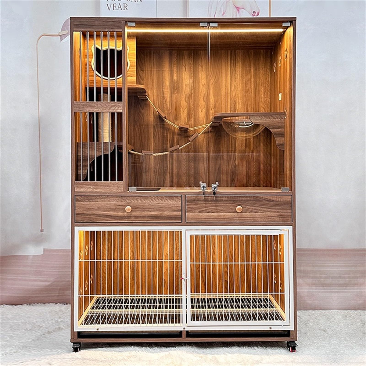 Wood Cat and Dog Kennel Integrated Cage Condo