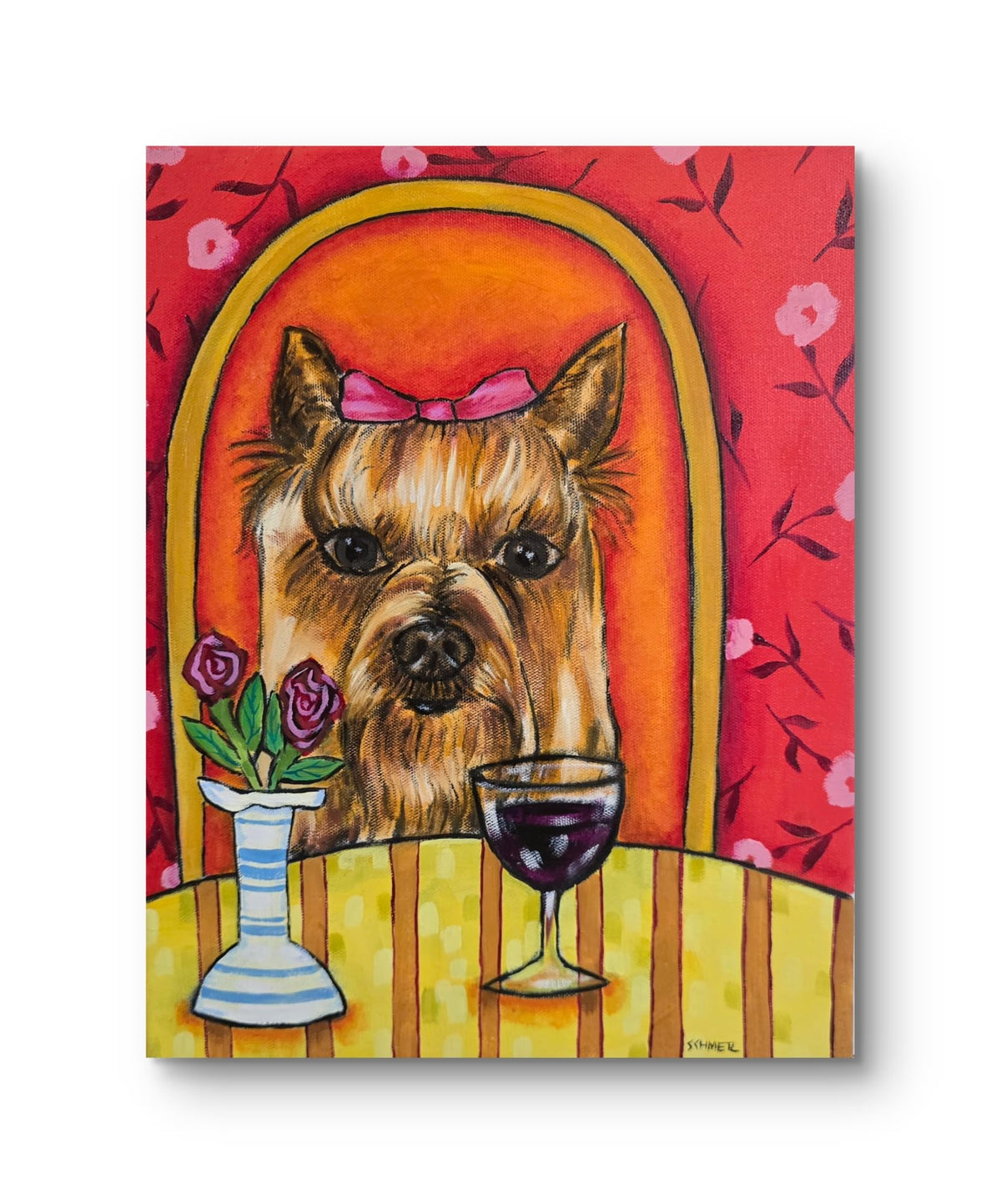 Yorkshire Terrier at Wine Bar Original Oil Painting, 12x16 Inch Dog Art Canvas, Home Decor Gift