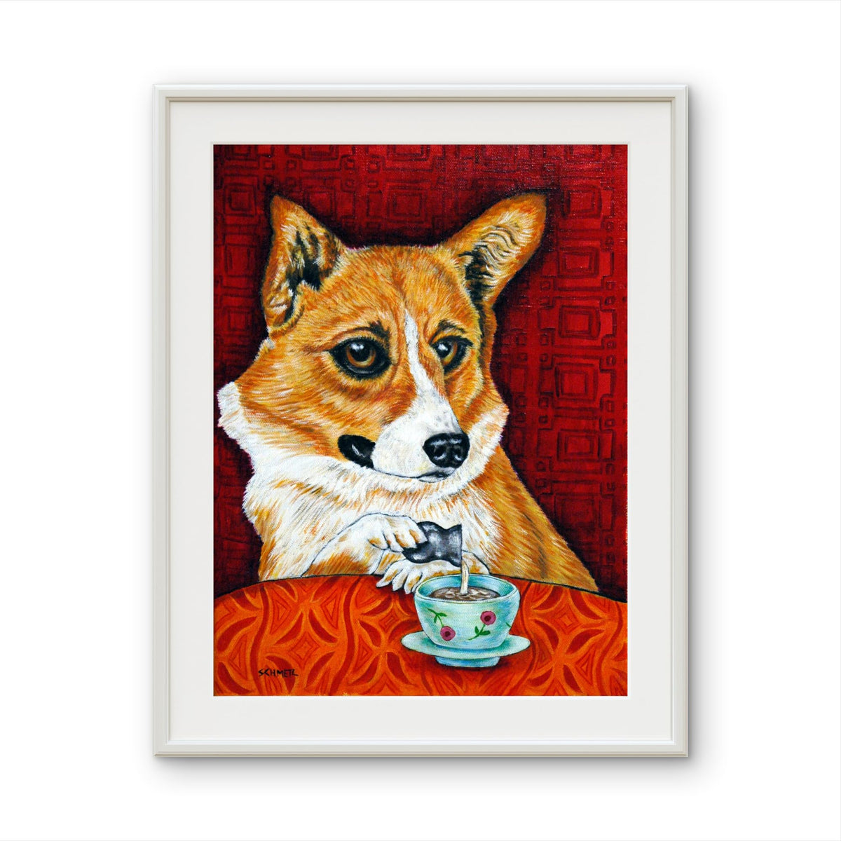 SCHMETZPETZ Corgi Coffee Shop Art Print | Cute Dog Cafe Wall Decor