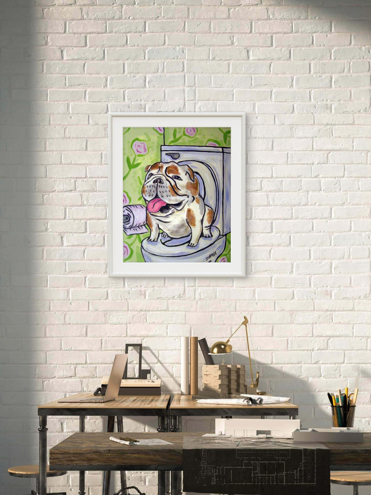 SCHMETZPETZ Funny Bulldog Wall Art - Dog Sitting on Toilet - Bathroom Decor - Available in Matte, Glossy or Stretched Canvas in Sizes 8x10 to 24x30