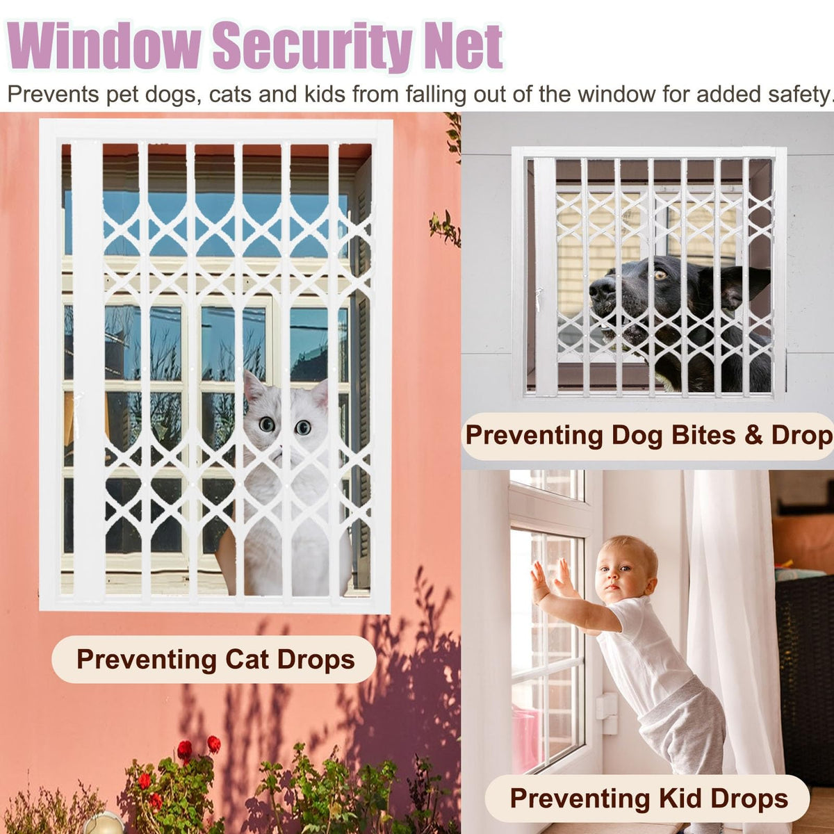 Metal Cat Window Guard - Folding Sliding Fence for Pets, Security Anti-Burglary Net for Outdoor/Indoor Use (33x70in / 84x178cm) - Durable Invisible Protection
