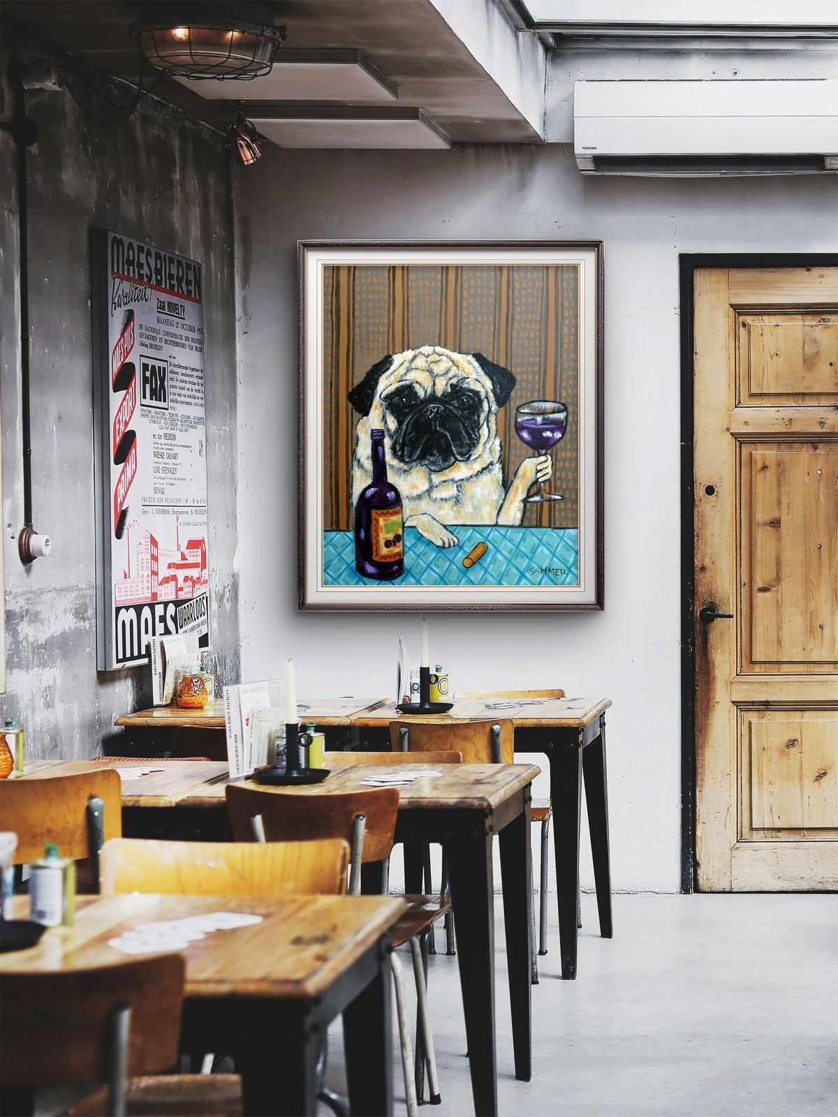 SCHMETZPETZ Pug Drinking Wine Wall Art - funny Cute Dog at the Wine Bar Decor - Unframed Matte/Glossy Print or Ready-to-Hang Stretched Canvas (8x10 to 24x30 Inches)