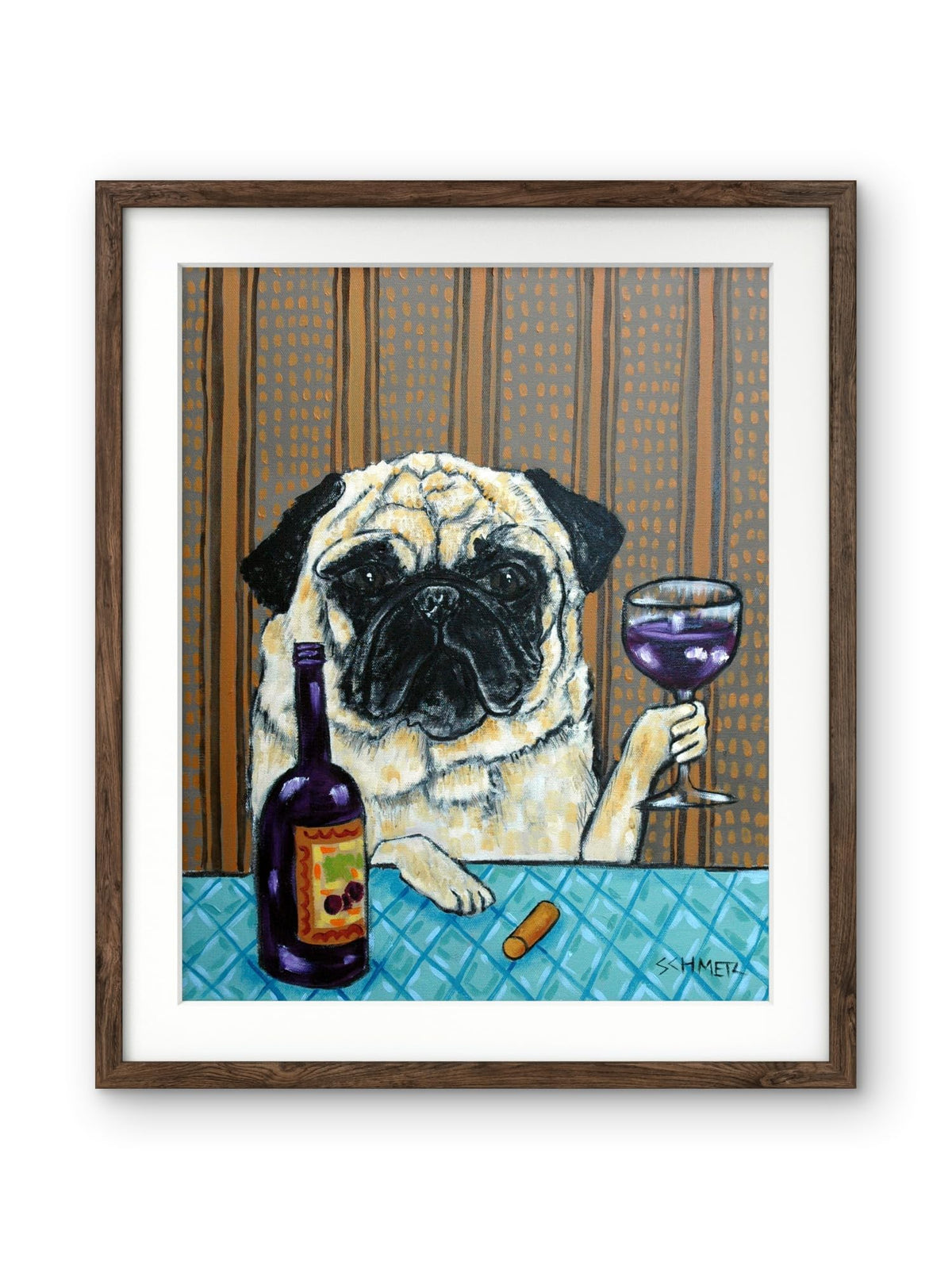 SCHMETZPETZ Pug Drinking Wine Wall Art - funny Cute Dog at the Wine Bar Decor - Unframed Matte/Glossy Print or Ready-to-Hang Stretched Canvas (8x10 to 24x30 Inches)