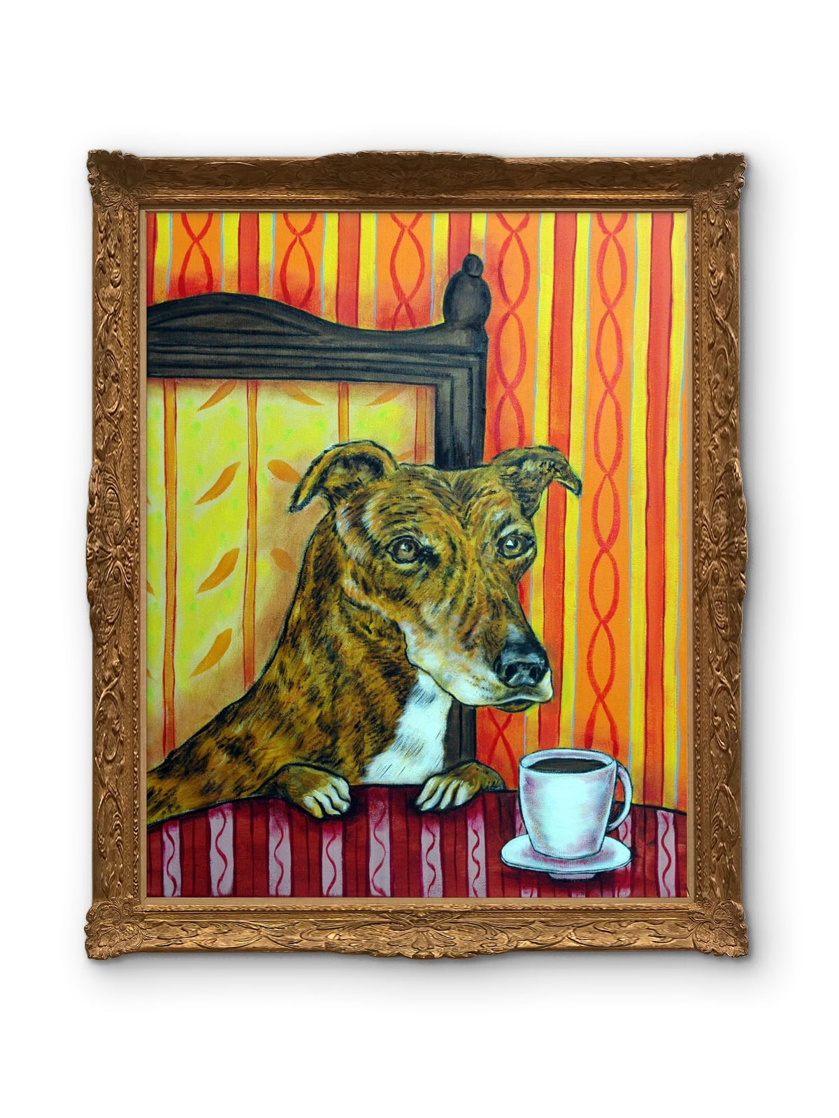 SCHMETZPETZ Greyhound Dog at Coffee Shop Canvas Wall Art - Modern Cafe Pet Portrait Print, Stretched & Ready to Hang for Home & Office Decor - Multiple Sizes from 8x10 to 24x30