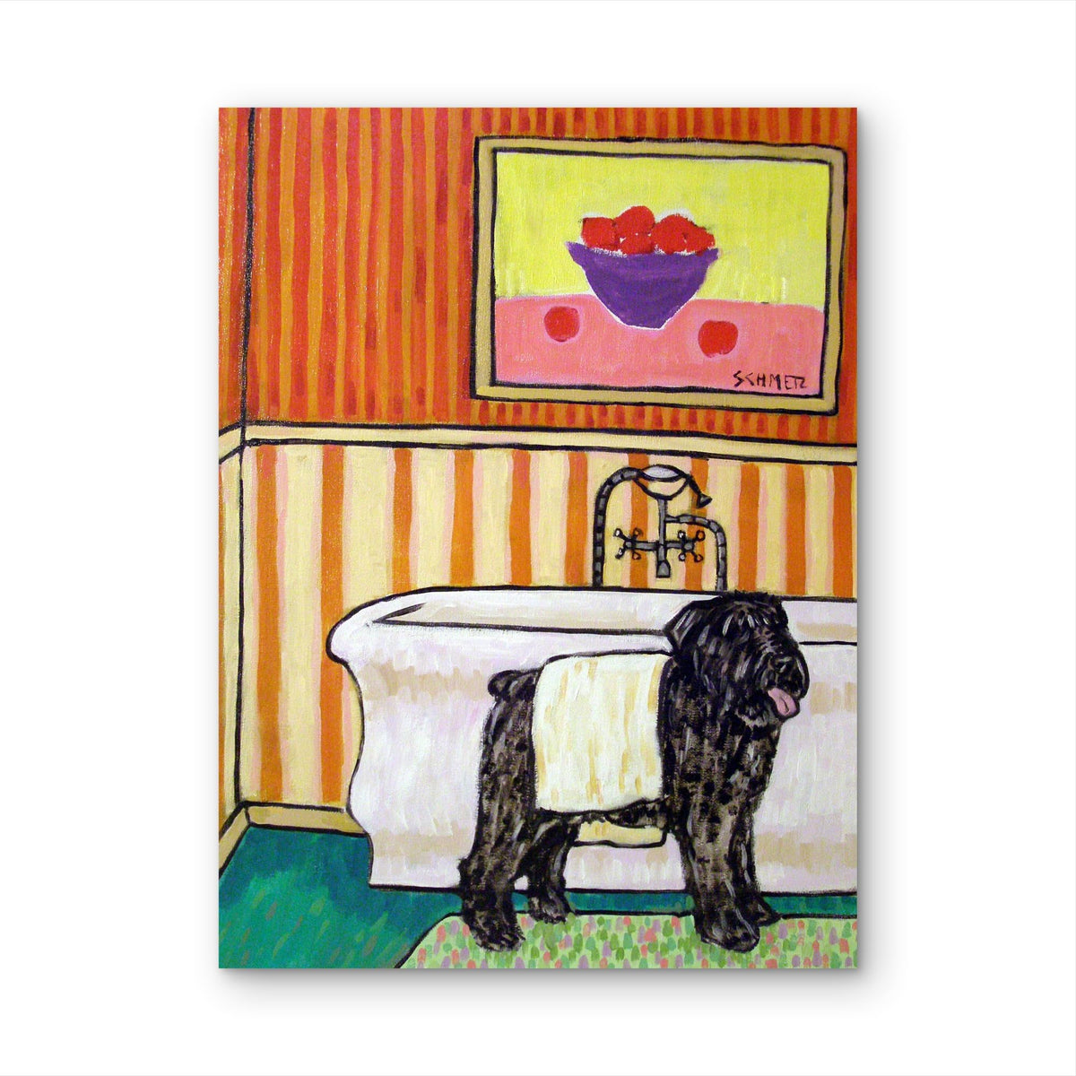 SCHMETZPETZ Bouvier des Flandres Wall Art - Funny Dog Drying Off in the Bathroom - Stretched Canvas or Matte & Glossy Photo Print - Bathroom Wall Decor for Dog Lovers