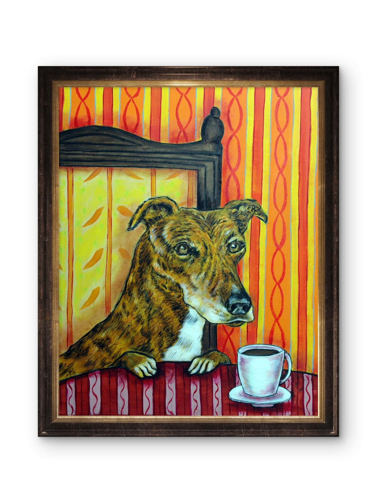 SCHMETZPETZ Greyhound Dog at Coffee Shop Canvas Wall Art - Modern Cafe Pet Portrait Print, Stretched & Ready to Hang for Home & Office Decor - Multiple Sizes from 8x10 to 24x30