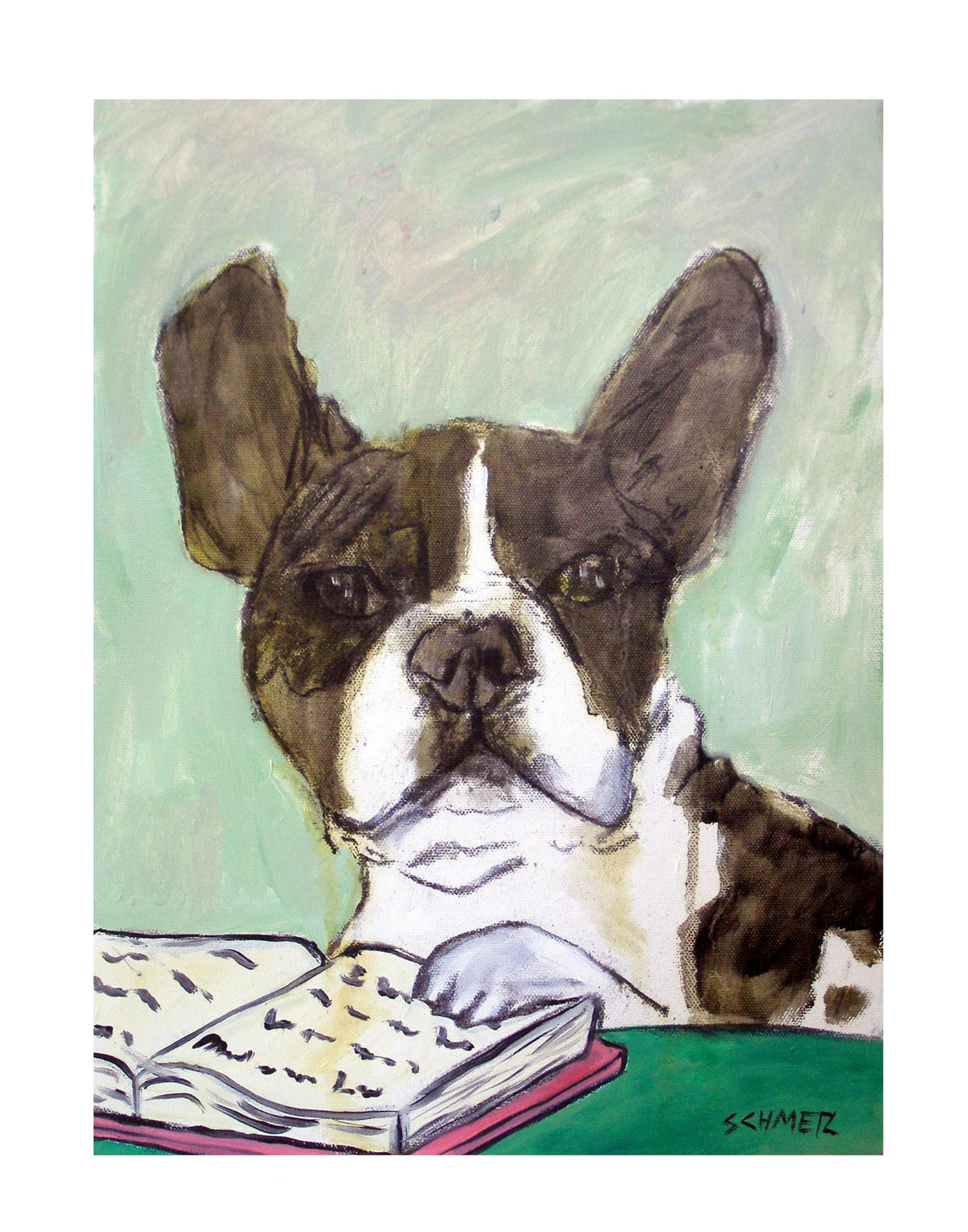 SCHMETZPETZ french bulldog reading dog art print - stretched canvas or paper print