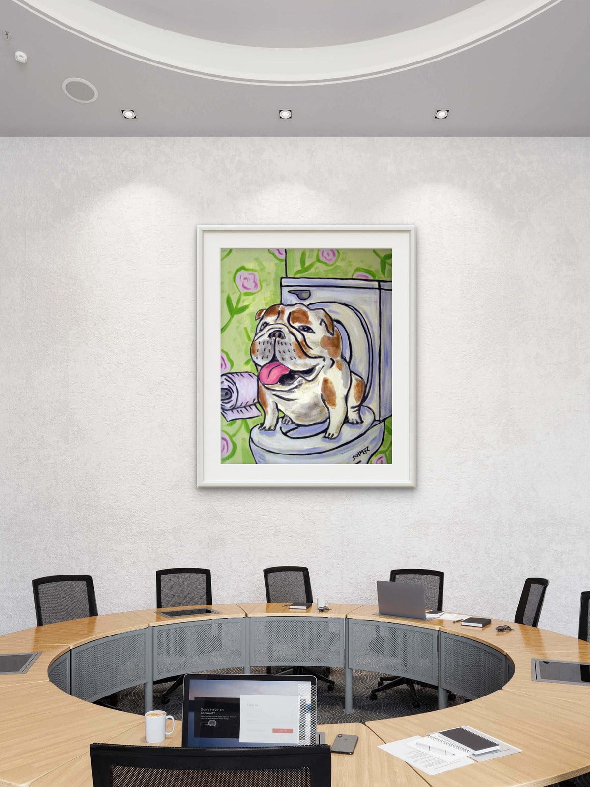 SCHMETZPETZ Funny Bulldog Wall Art - Dog Sitting on Toilet - Bathroom Decor - Available in Matte, Glossy or Stretched Canvas in Sizes 8x10 to 24x30