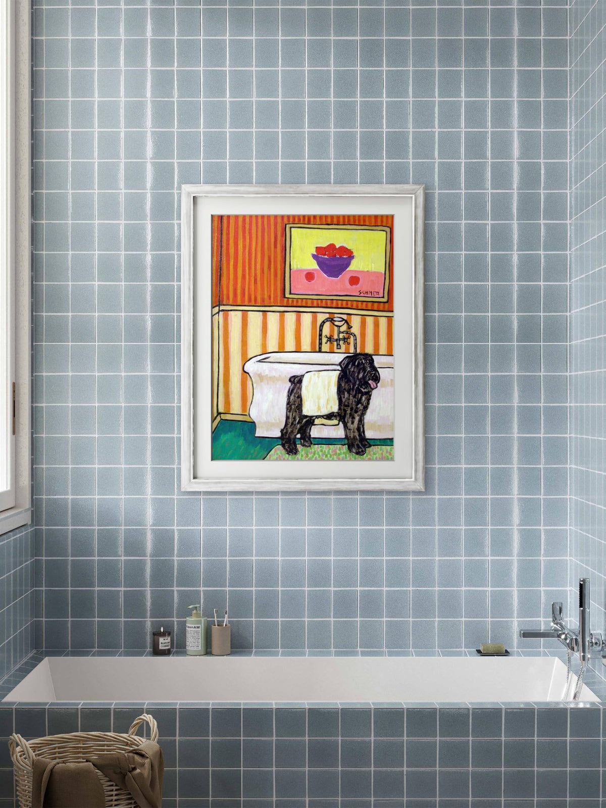 SCHMETZPETZ Bouvier des Flandres Wall Art - Funny Dog Drying Off in the Bathroom - Stretched Canvas or Matte & Glossy Photo Print - Bathroom Wall Decor for Dog Lovers