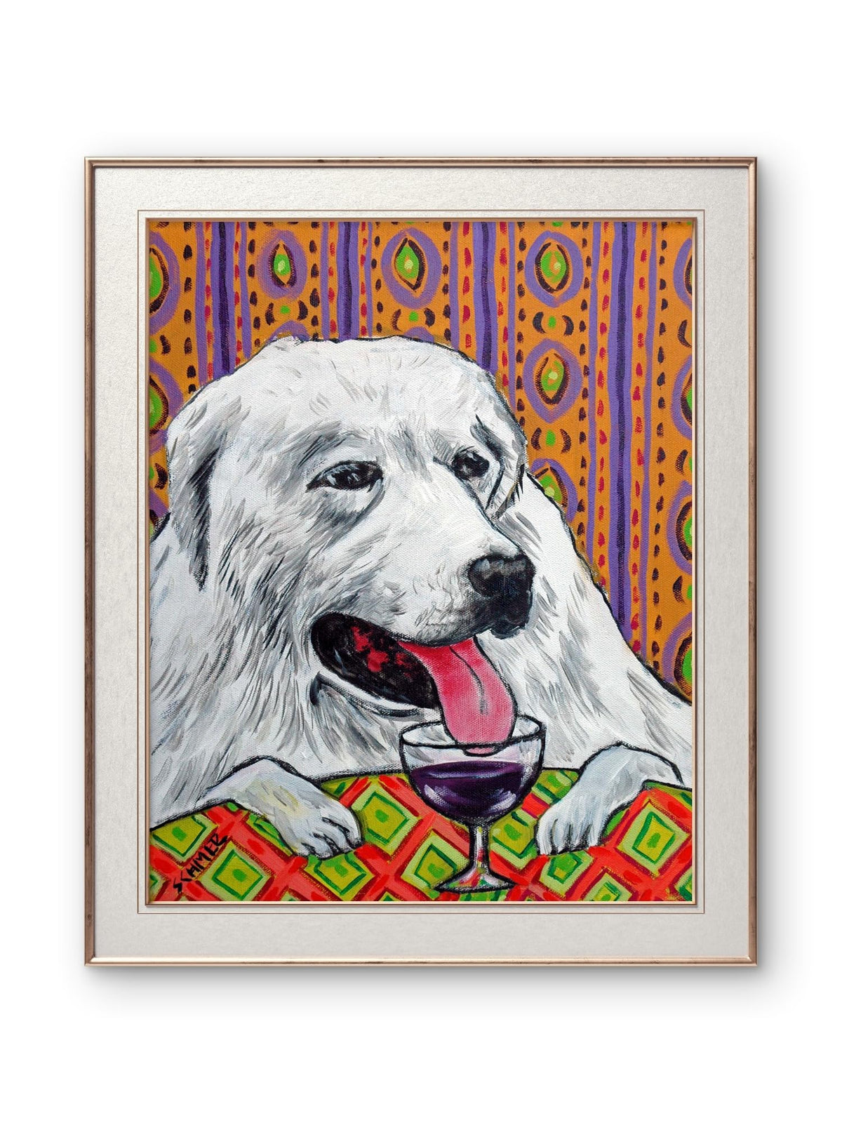 SCHMETZPETZ Great Pyrenees Wine Bar Art Print - Cute Dog Wall Decor - Available as Stretched Canvas in Sizes 8x10 to 24x36