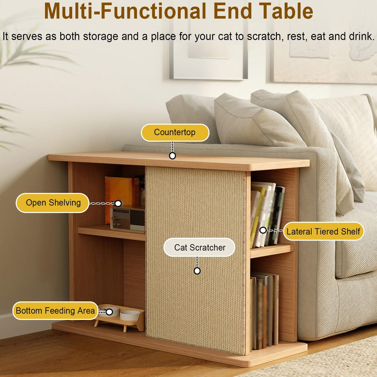 Space-Saving Cat Scratcher End Table with Open Shelving - Stylish Couch Corner Furniture for Cats, Durable Design, Multi-Functional Pet Accessory