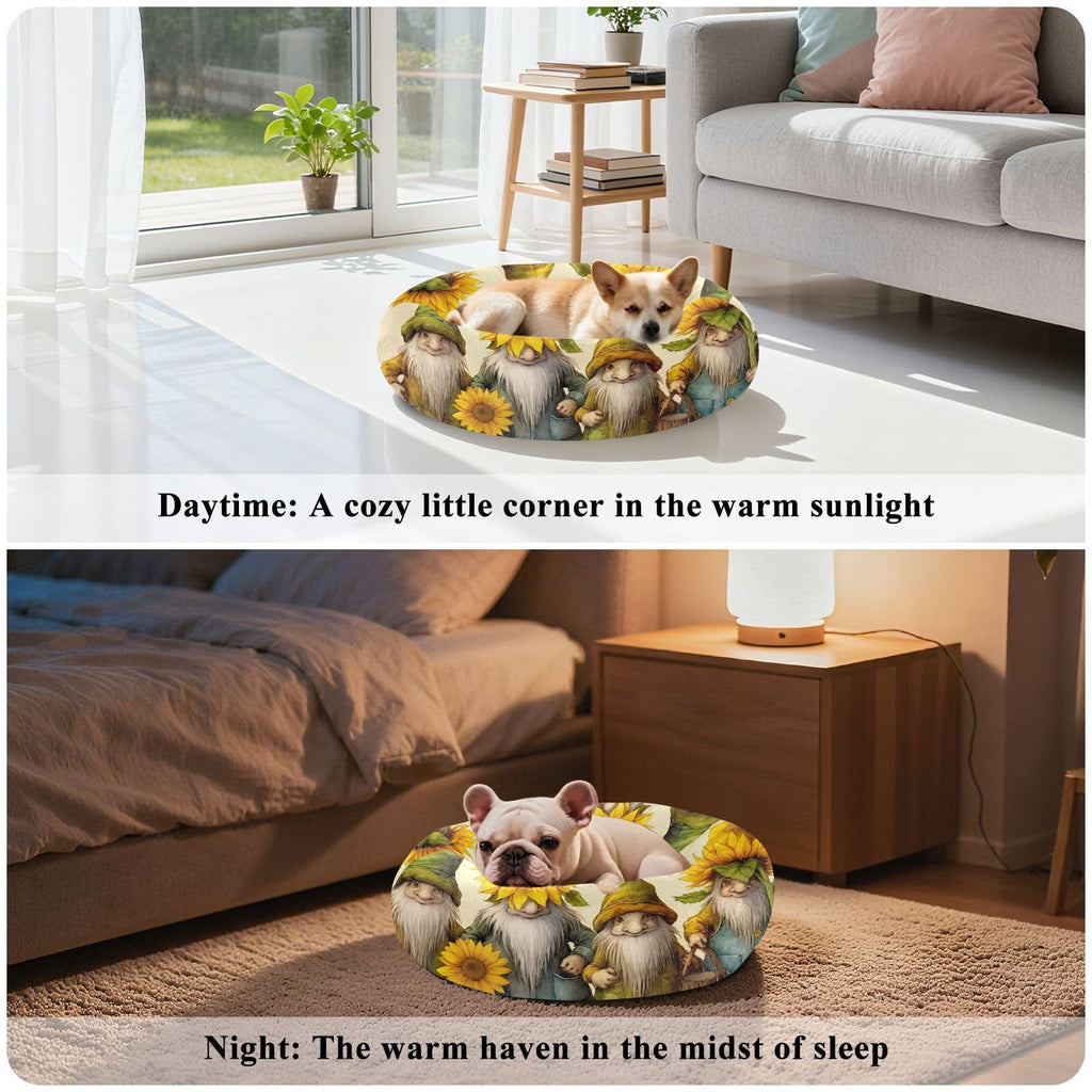 Donut Dog Bed for Small Dogs & Cats - Gnomes with Sunflowers Calming Anti-Anxiety Pet Bed with Non-Slip Base, Removable & Machine Washable, 22"