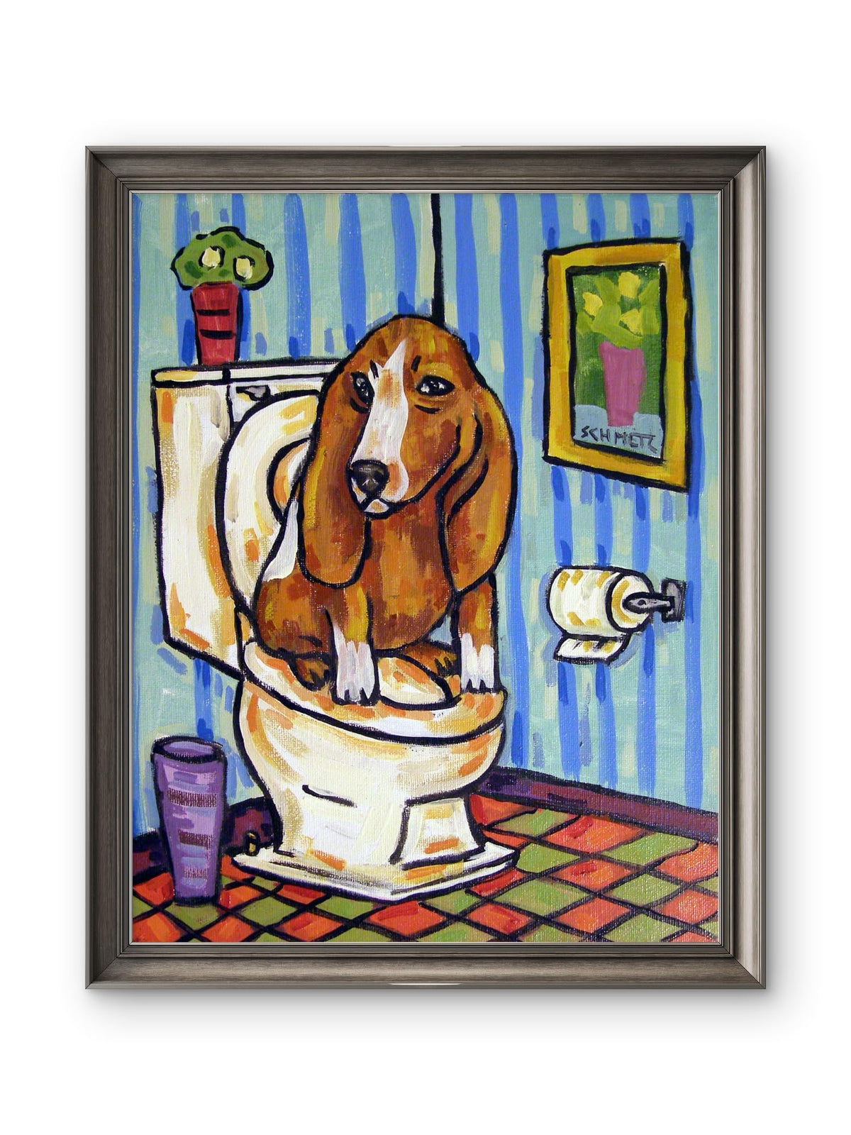 SCHMETZPETZ Funny Basset Hound Bathroom Wall Art - Cute Dog Sitting on Toilet Reading Newspaper - Whimsical Dog Lover Restroom Decor - Available in Matte, Glossy Photo, & Stretched Canvas