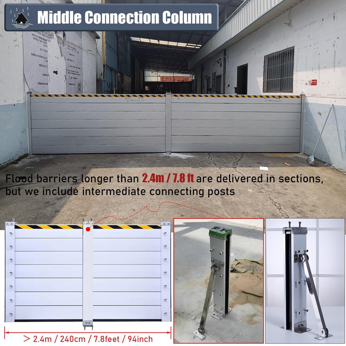Detachable Anti Flood Gate 4.5ft High, Flood Control Barrier 21' 20' 19' 18' 17' 16' 15' 14' 13' 12' 11' 10' 9' 8' 7' 6' 5' 4', Flood Protection Baffle(Silver-L-9.8ft/117.6"/298.7cm)