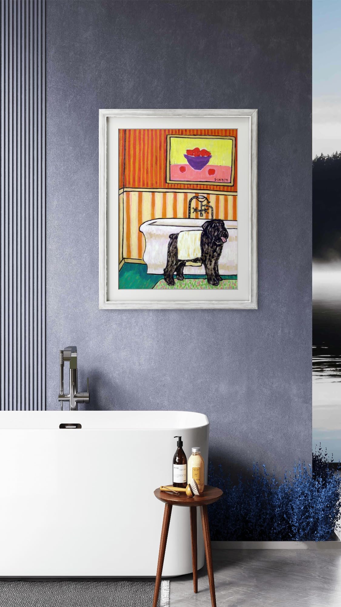 SCHMETZPETZ Bouvier des Flandres Wall Art - Funny Dog Drying Off in the Bathroom - Stretched Canvas or Matte & Glossy Photo Print - Bathroom Wall Decor for Dog Lovers