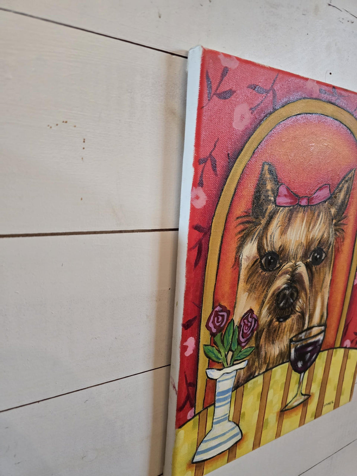 Yorkshire Terrier at Wine Bar Original Oil Painting, 12x16 Inch Dog Art Canvas, Home Decor Gift