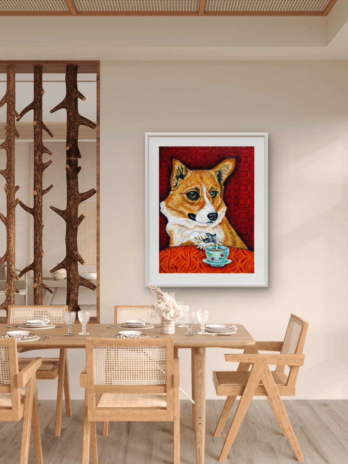 SCHMETZPETZ Corgi Coffee Shop Art Print | Cute Dog Cafe Wall Decor