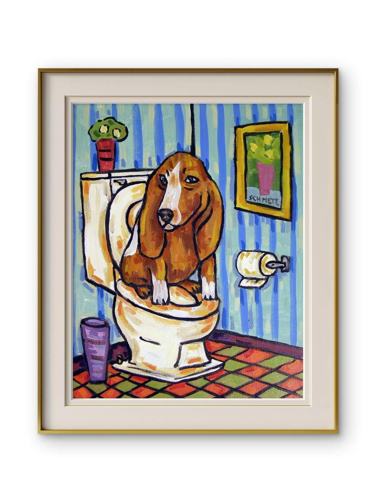 SCHMETZPETZ Funny Basset Hound Bathroom Wall Art - Cute Dog Sitting on Toilet Reading Newspaper - Whimsical Dog Lover Restroom Decor - Available in Matte, Glossy Photo, & Stretched Canvas