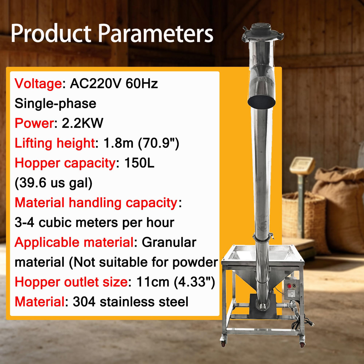 Screw Conveyor Granule Feeder, 110-661 lb/h, 220V Single Phase