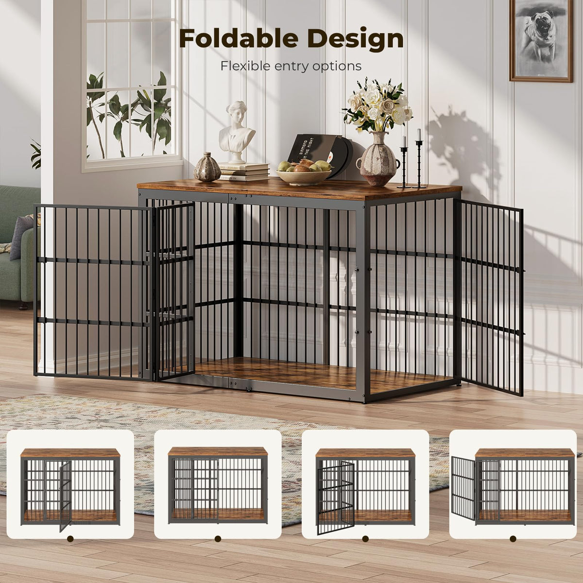 Lyromix 54" Dog Crate Furniture with Foldable Door, Rustic Brown