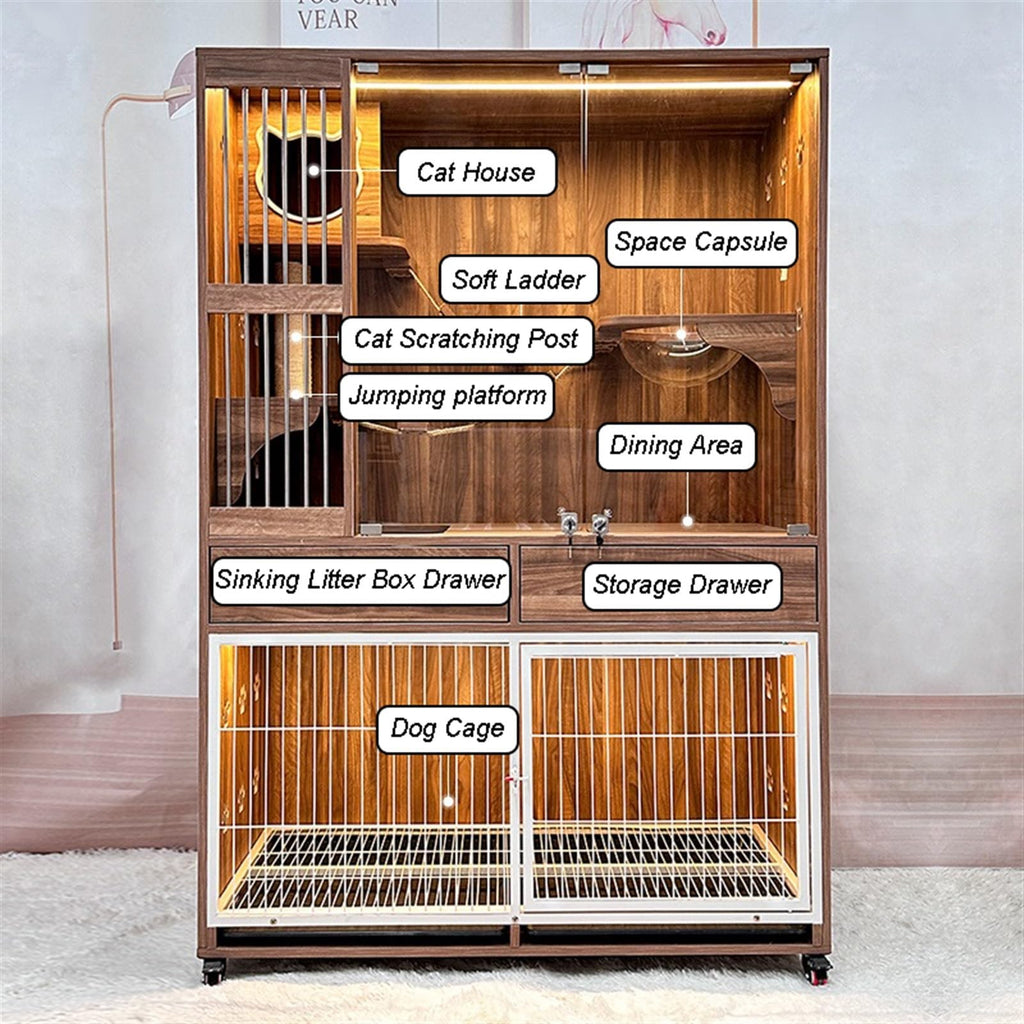 Wood Cat and Dog Kennel Integrated Cage Condo