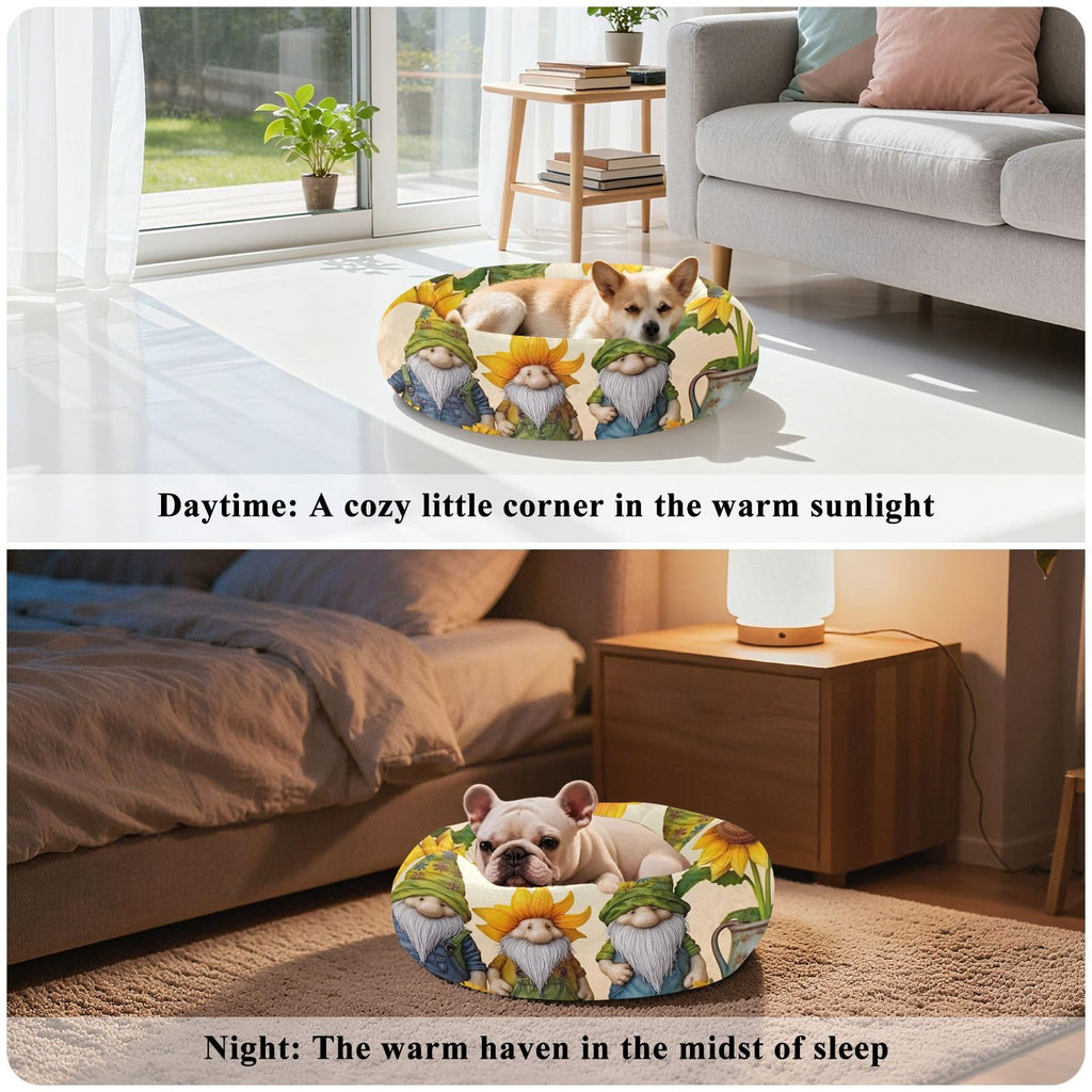 Donut Dog Bed for Small Dogs & Cats - Gnomes with Sunflowers Calming Anti-Anxiety Pet Bed with Non-Slip Base, Removable & Machine Washable, 22"