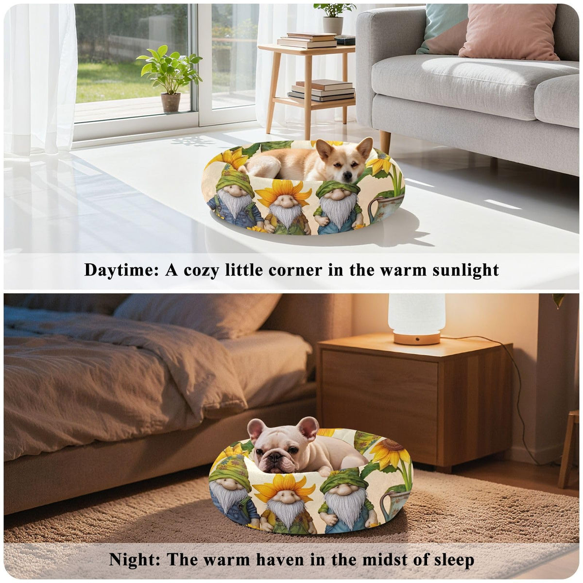 Donut Dog Bed for Small Dogs & Cats - Gnomes with Sunflowers Calming Anti-Anxiety Pet Bed with Non-Slip Base, Removable & Machine Washable, 22"