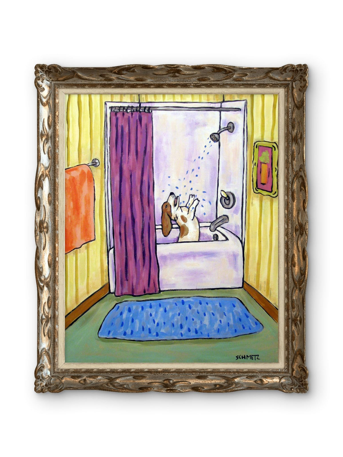SCHMETZPETZ Basset Hound in Bathtub Wall Art | Cute Dog Taking a Shower Painting | Humorous Pet Bathroom Decor | Unframed Matte & Glossy Poster or Stretched Canvas