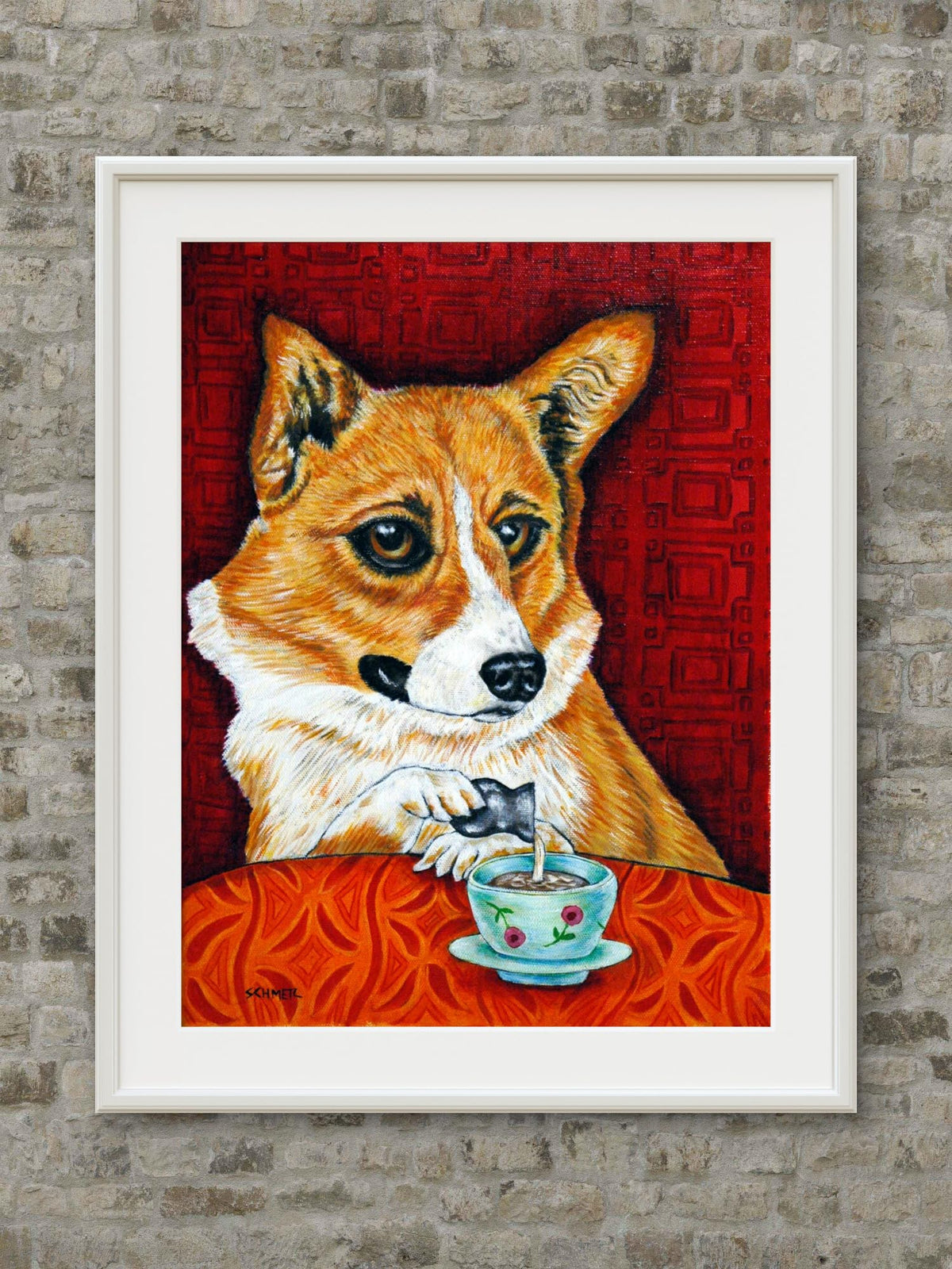SCHMETZPETZ Corgi Coffee Shop Art Print | Cute Dog Cafe Wall Decor