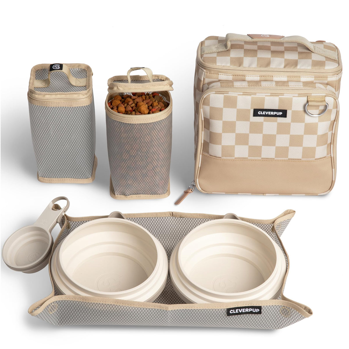 Ultimate Dog Travel Bundle Large 7-piece Bistro Box Dog Travel Kit & Porter Dog Gear Backpack in Checkerboard