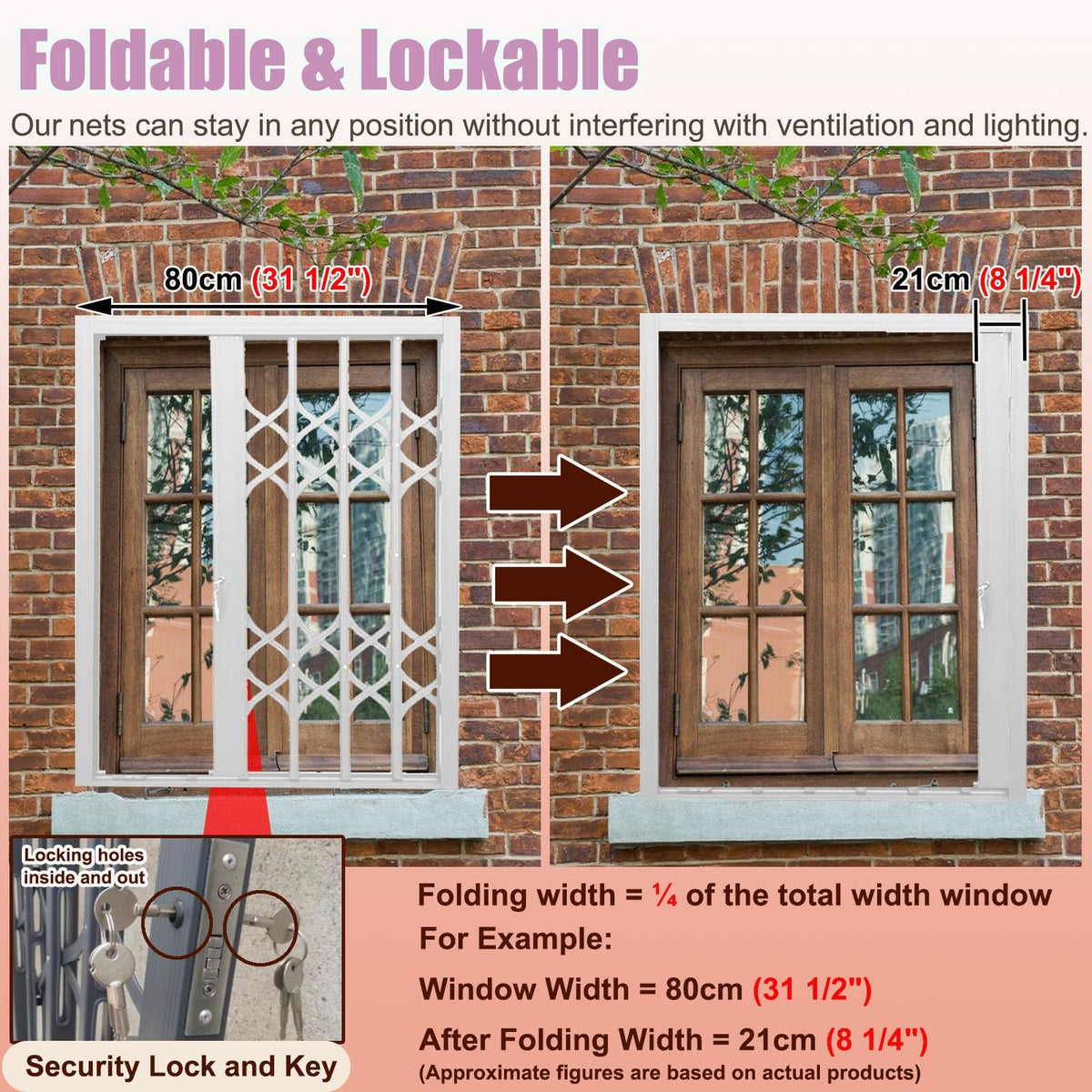 Metal Cat Window Guard - Folding Sliding Fence for Pets, Security Anti-Burglary Net for Outdoor/Indoor Use (33x70in / 84x178cm) - Durable Invisible Protection