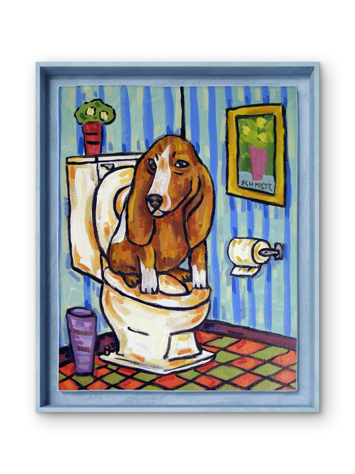 SCHMETZPETZ Funny Basset Hound Bathroom Wall Art - Cute Dog Sitting on Toilet Reading Newspaper - Whimsical Dog Lover Restroom Decor - Available in Matte, Glossy Photo, & Stretched Canvas