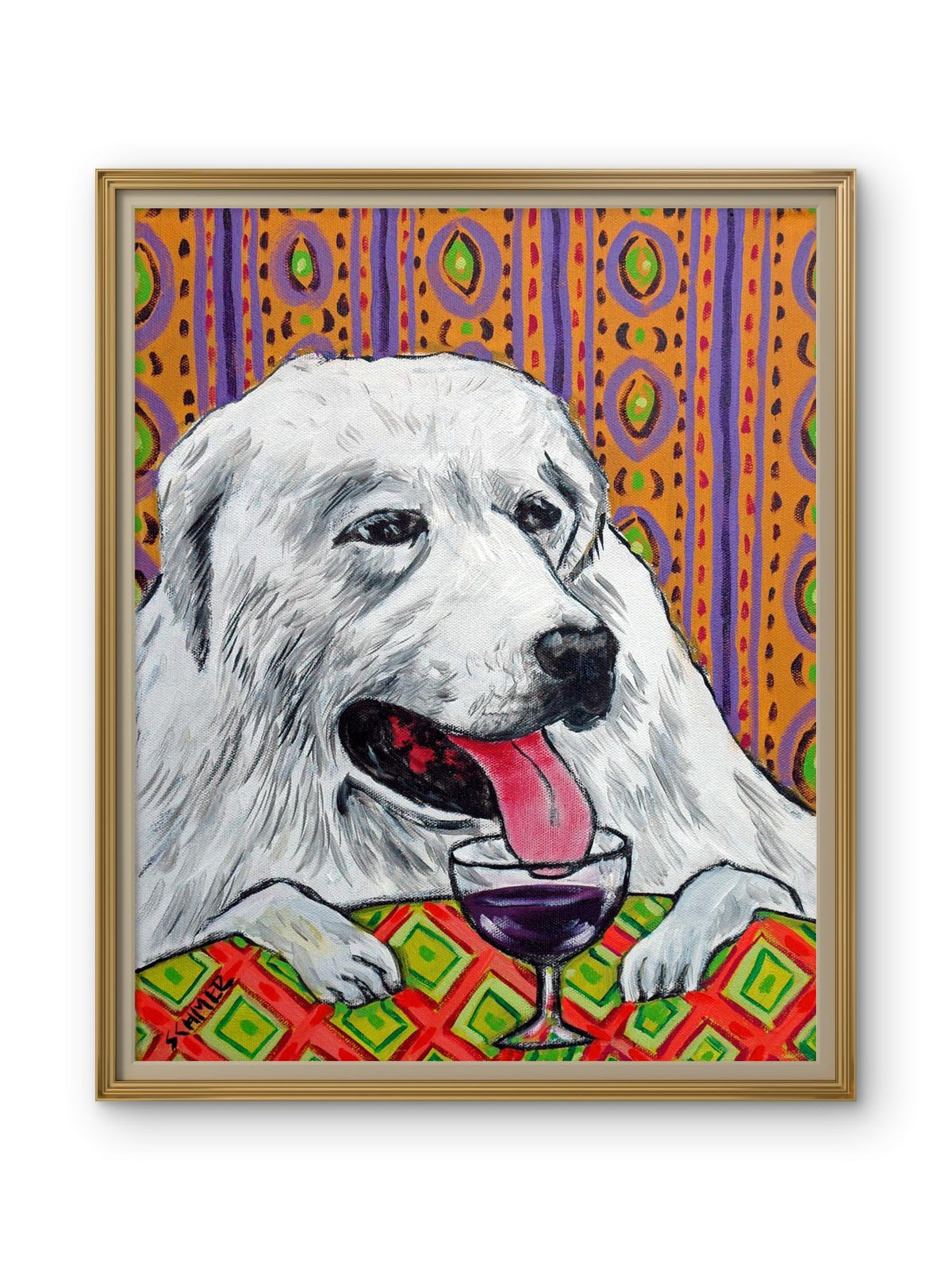 SCHMETZPETZ Great Pyrenees Wine Bar Art Print - Cute Dog Wall Decor - Available as Stretched Canvas in Sizes 8x10 to 24x36