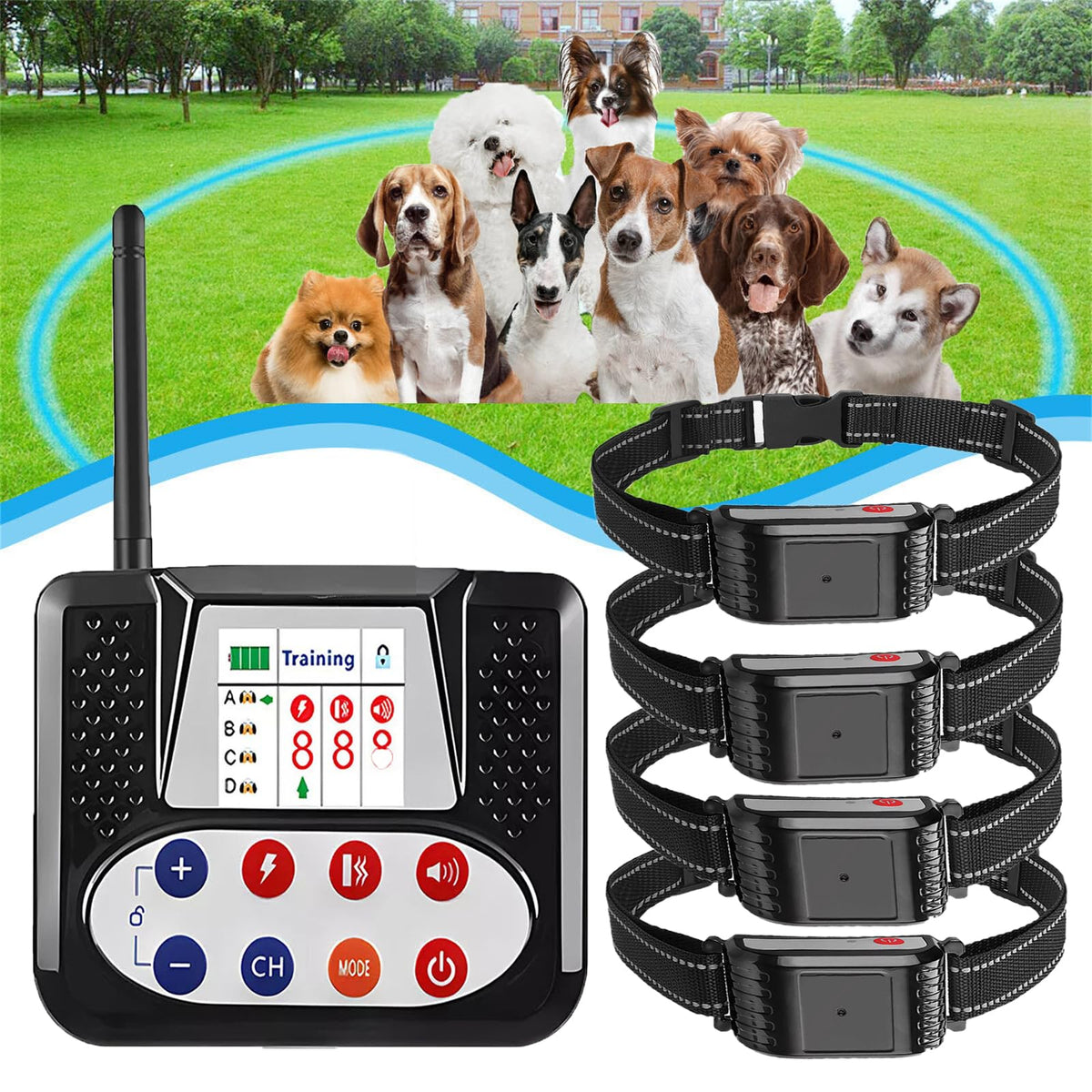 2in1 Wireless Dog Fence, Electric Dog Fence System with Remote Shock Training Collar, Adjustable Warning Strength & Range Sizes, Waterproof Rechargeable Receiver, Dog Boundary Container,for4dogs