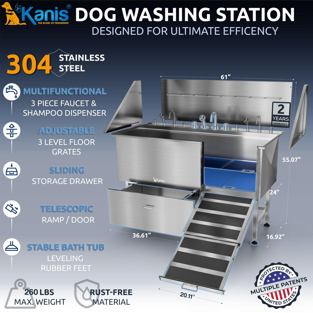 49" Professional Electric Dog Grooming Table, Black + 61" Professional Stainless Steel Dog Bathing Station, Right RAMP
