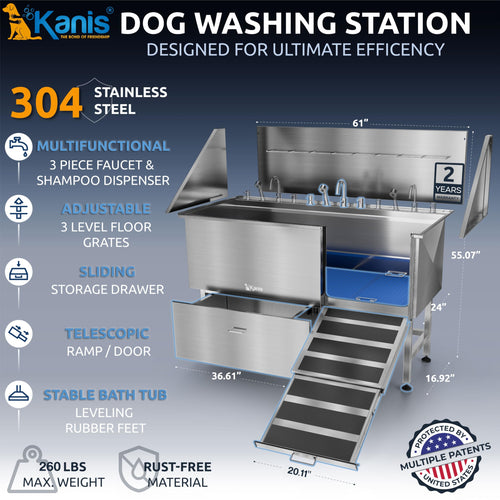 49" Professional Electric Dog Grooming Table, Black + 61" Professional Stainless Steel Dog Bathing Station, Right RAMP