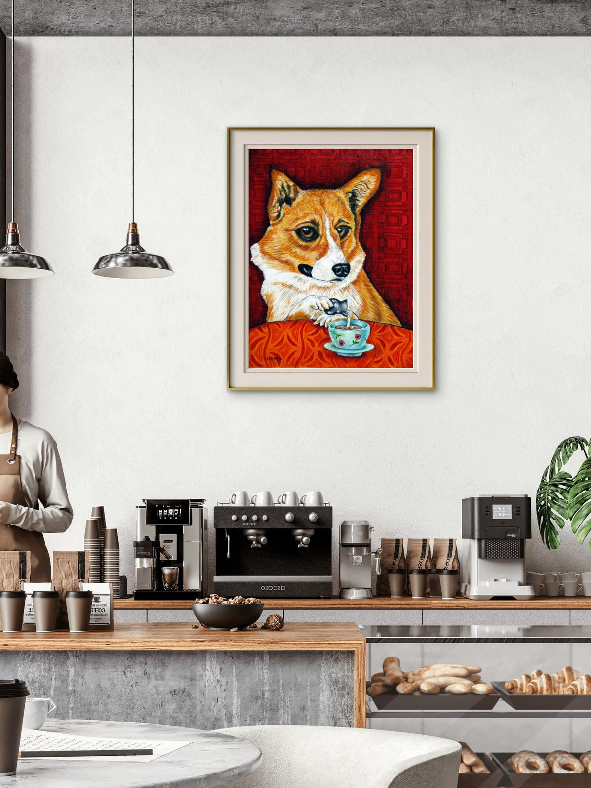 SCHMETZPETZ Corgi Coffee Shop Art Print | Cute Dog Cafe Wall Decor