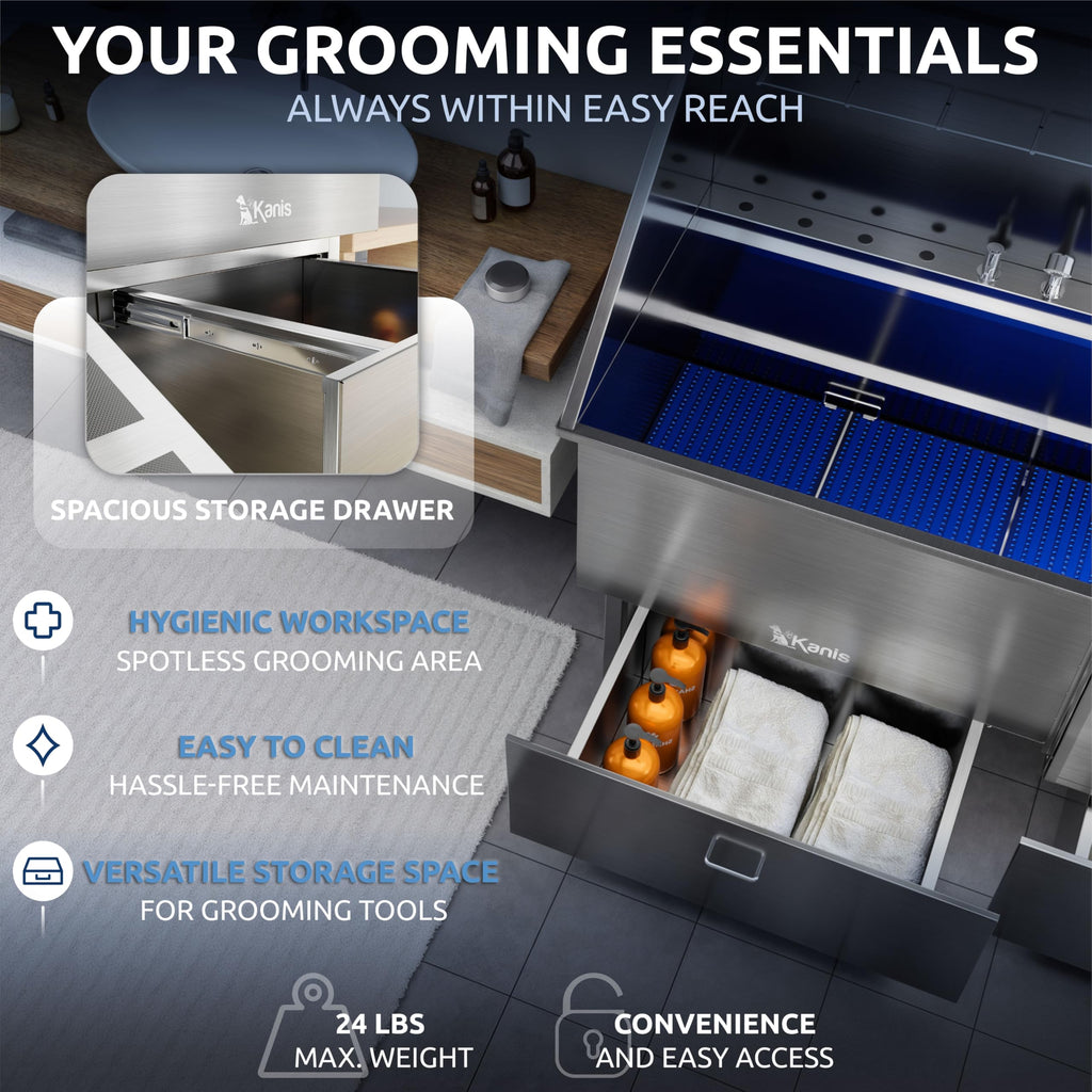 49" Professional Electric Dog Grooming Table, Black + 61" Professional Stainless Steel Dog Bathing Station, Right RAMP