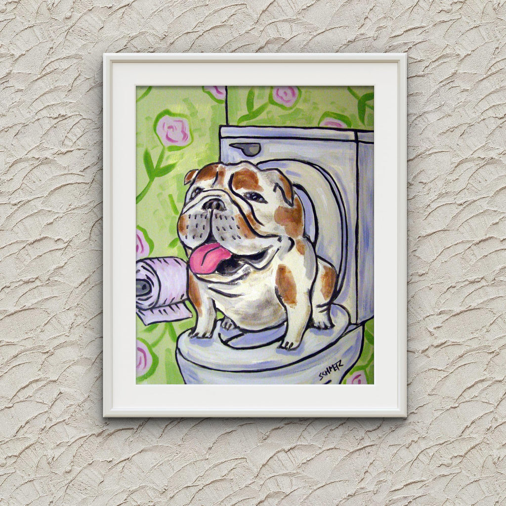 SCHMETZPETZ Funny Bulldog Wall Art - Dog Sitting on Toilet - Bathroom Decor - Available in Matte, Glossy or Stretched Canvas in Sizes 8x10 to 24x30