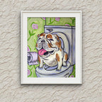 SCHMETZPETZ Funny Bulldog Wall Art - Dog Sitting on Toilet - Bathroom Decor - Available in Matte, Glossy or Stretched Canvas in Sizes 8x10 to 24x30