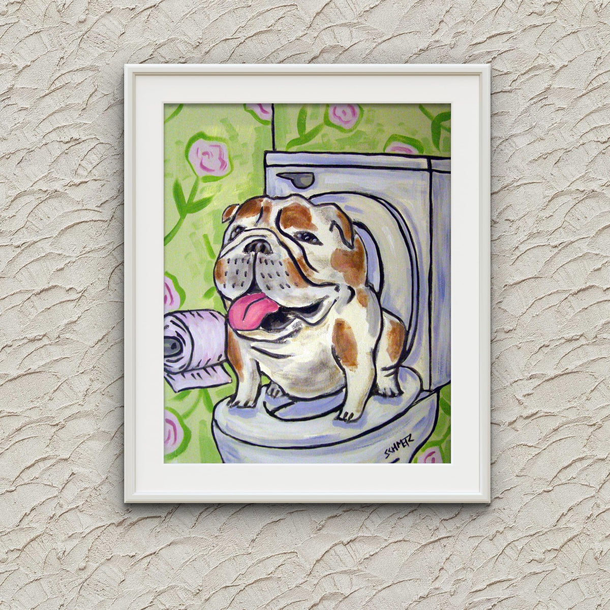 SCHMETZPETZ Funny Bulldog Wall Art - Dog Sitting on Toilet - Bathroom Decor - Available in Matte, Glossy or Stretched Canvas in Sizes 8x10 to 24x30