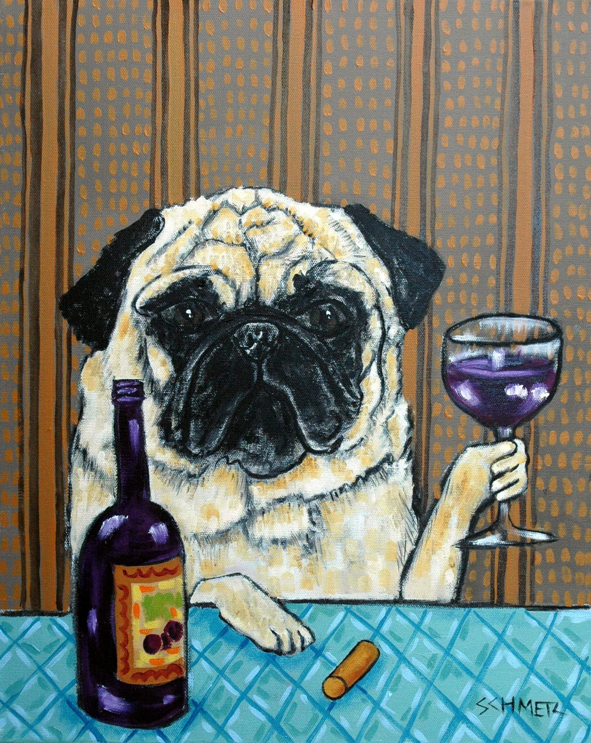 SCHMETZPETZ Pug Drinking Wine Wall Art - funny Cute Dog at the Wine Bar Decor - Unframed Matte/Glossy Print or Ready-to-Hang Stretched Canvas (8x10 to 24x30 Inches)
