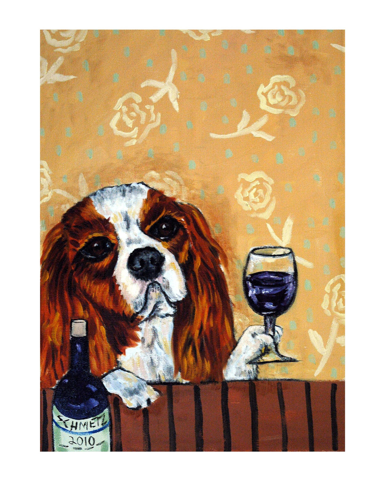 SCHMETZPETZ Cavalier king charles spaniel dog art wine canvas print or paper from ready to hang