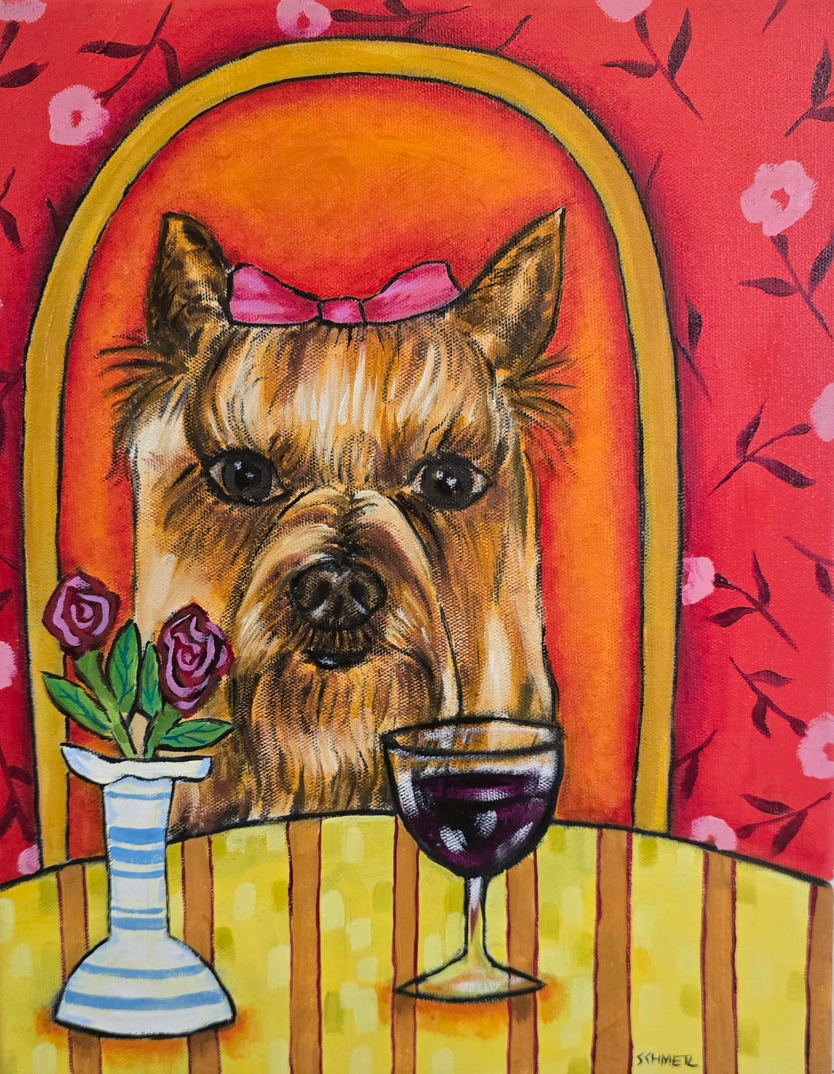 Yorkshire Terrier at Wine Bar Original Oil Painting, 12x16 Inch Dog Art Canvas, Home Decor Gift