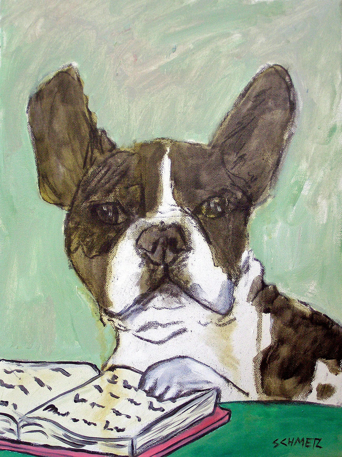 SCHMETZPETZ french bulldog reading dog art print - stretched canvas or paper print