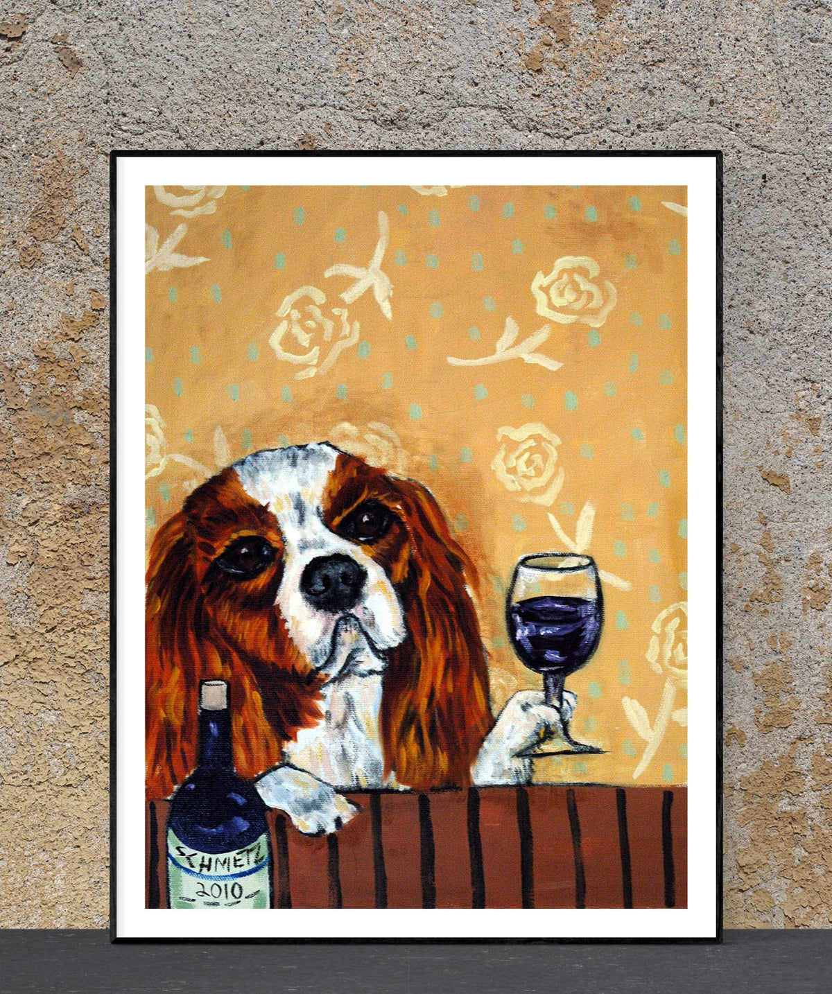 SCHMETZPETZ Cavalier king charles spaniel dog art wine canvas print or paper from ready to hang