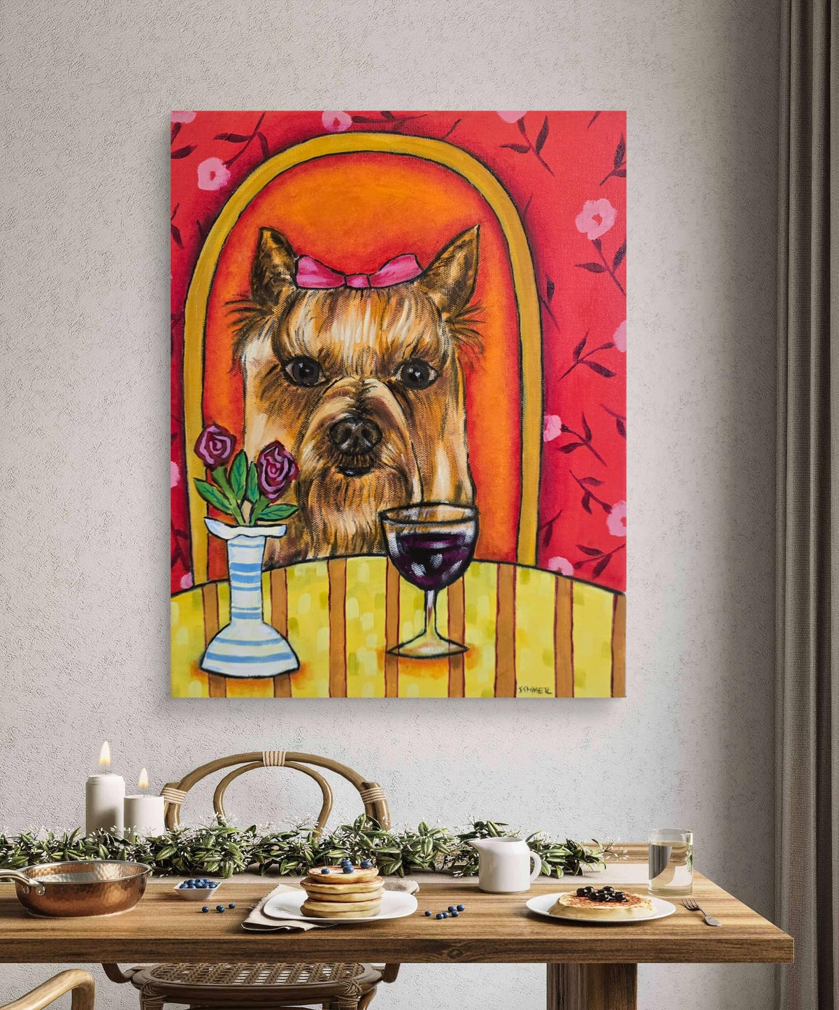 Yorkshire Terrier at Wine Bar Original Oil Painting, 12x16 Inch Dog Art Canvas, Home Decor Gift