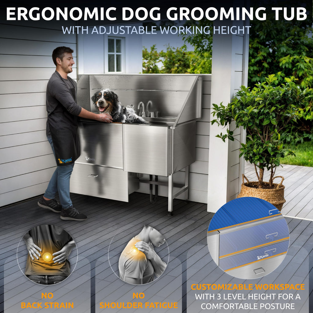49" Professional Electric Dog Grooming Table, Black + 61" Professional Stainless Steel Dog Bathing Station, Right RAMP