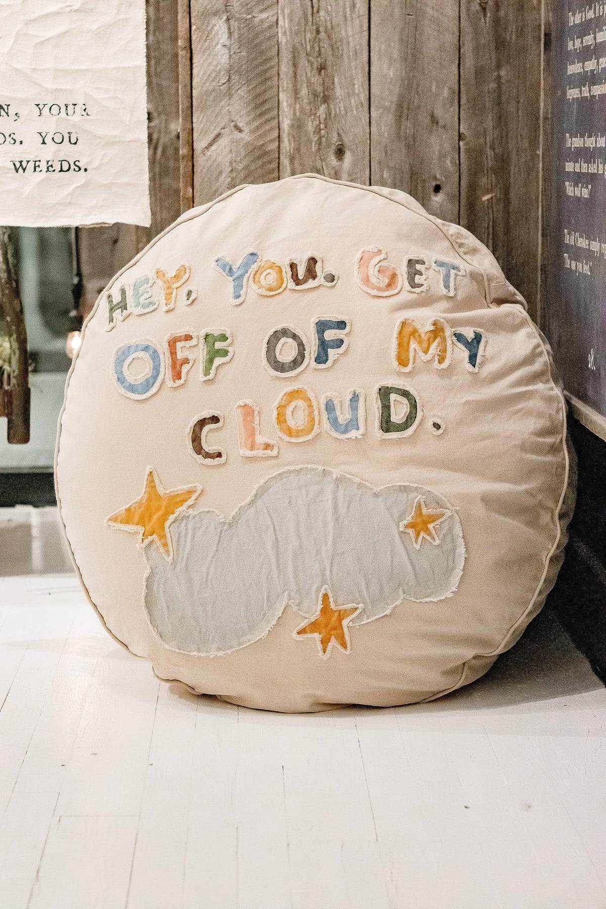 Sugarboo Excuse Me While I Kiss The Sky Dog Bed, Washable Cream Floor Mattress for Medium to Small Sized Pets, Stylish Boho Farmhouse Dog Bed - 33” Diameter